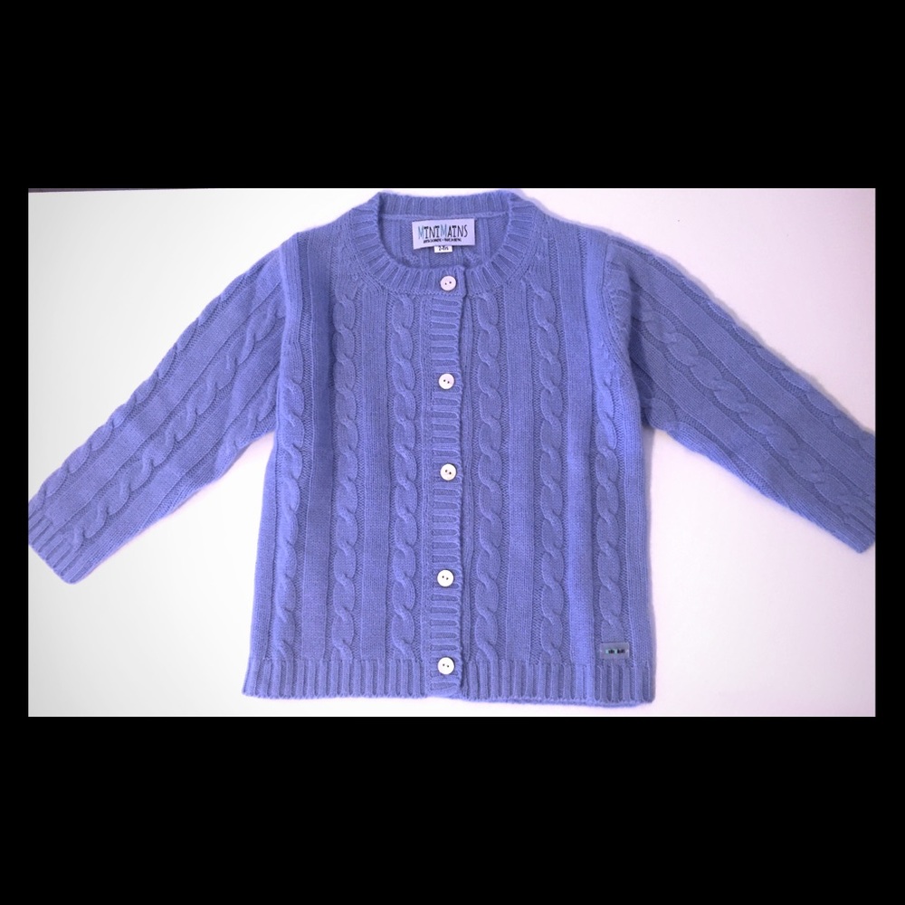 MINIMAINS Cashmere Cable-knit Cardigan in blue.